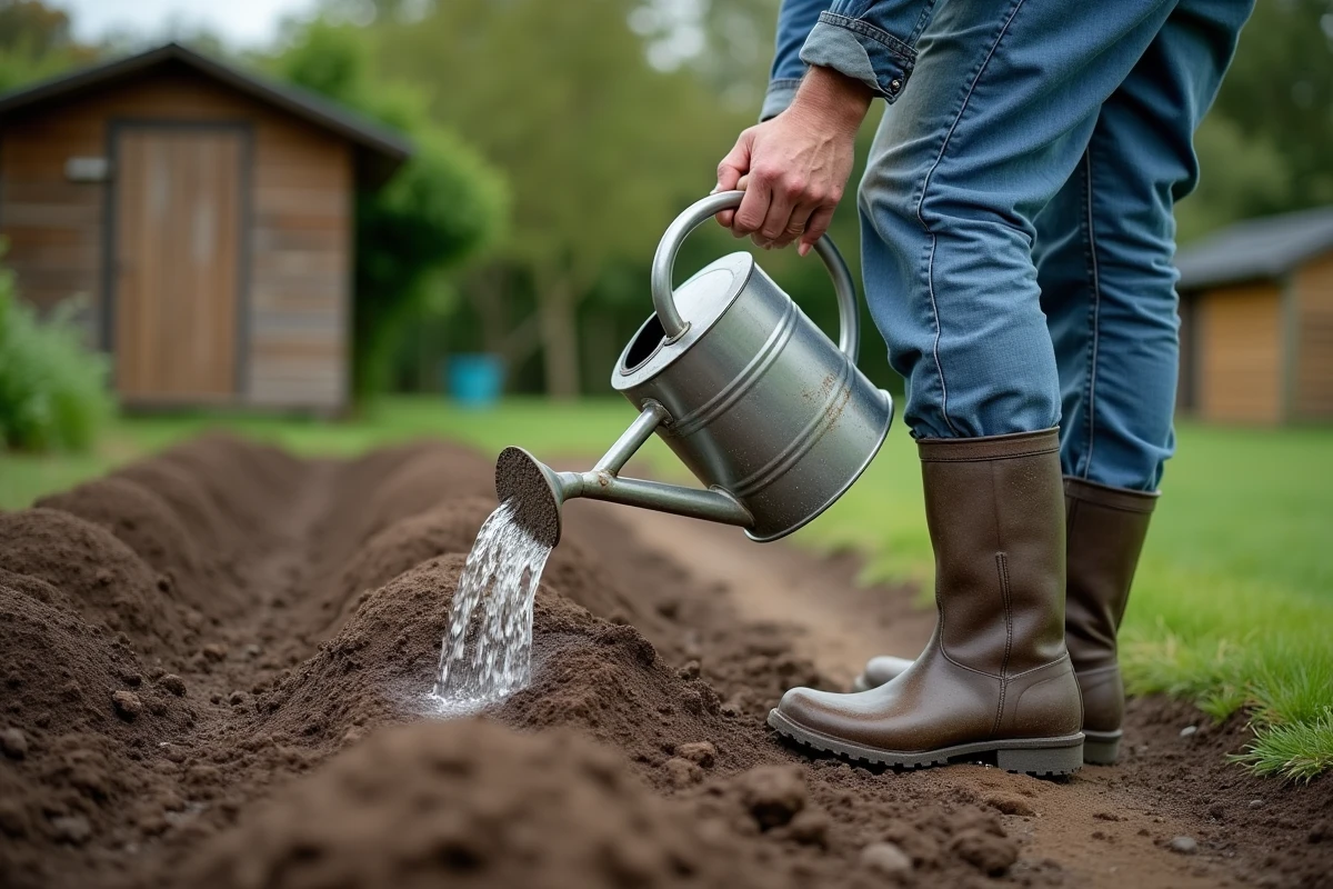 Homme arrosant un rang de pommes de terre fraîchement plantées avec un arrosoir au potager