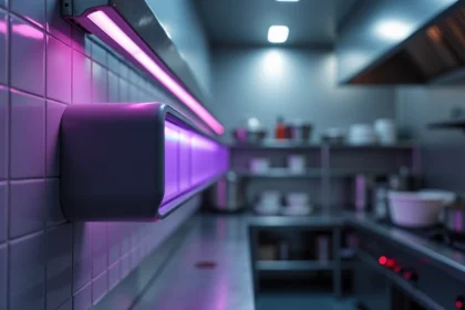 Attrape moucherons UV professionnel installé dans une cuisine de restaurant commerciale