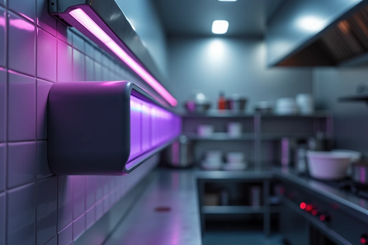 Attrape moucherons UV professionnel installé dans une cuisine de restaurant commerciale