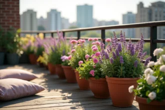 Balcon fleuri avec des plantes colorées en pots, idéal pour un petit jardin urbain