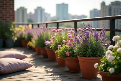 Balcon fleuri avec des plantes colorées en pots, idéal pour un petit jardin urbain