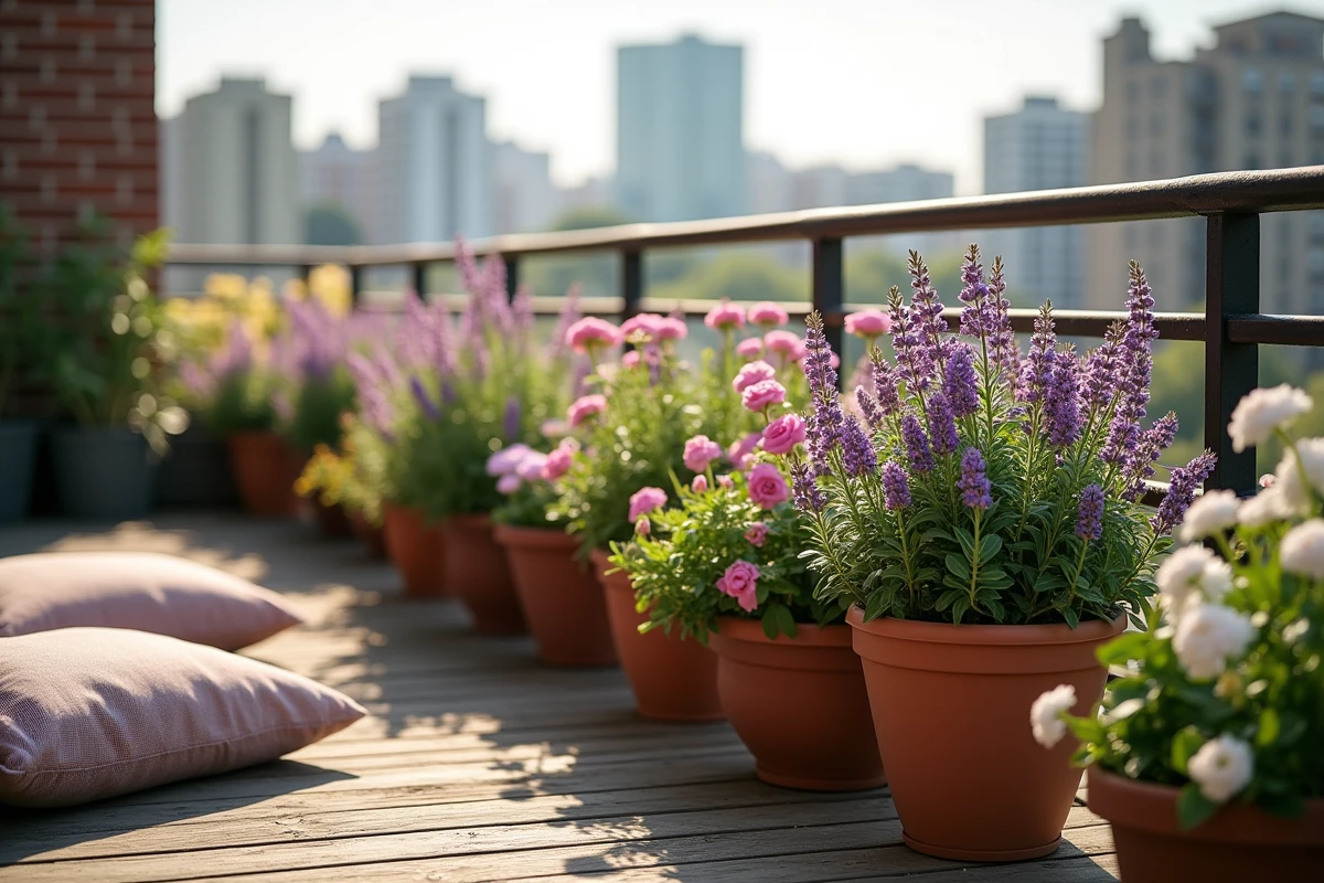 Balcon fleuri avec des plantes colorées en pots, idéal pour un petit jardin urbain