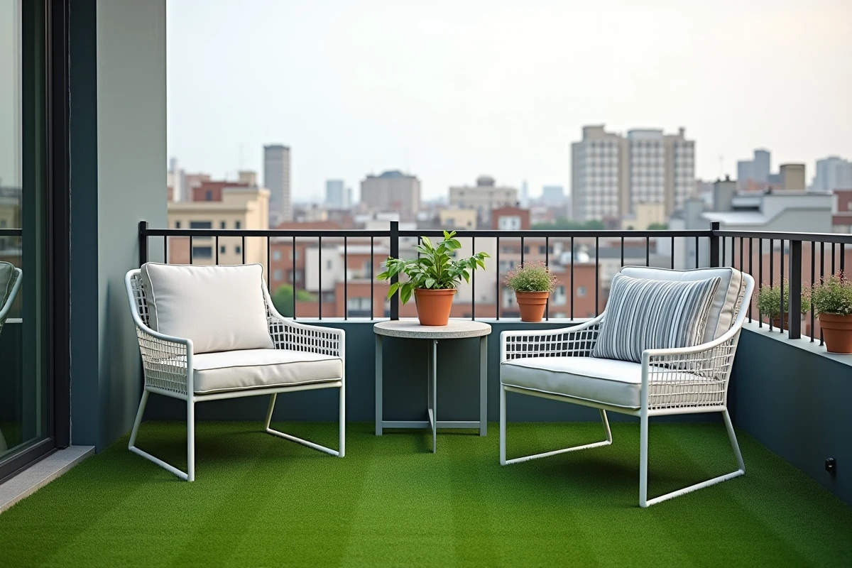 Balcon urbain aménagé avec une pelouse synthétique pas chère et une décoration épurée pour un rendu haut de gamme