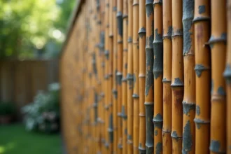 Panneau de brise vue en bambou naturel fixé sur une clôture de jardin, montrant des traces de grisaillement et d'humidité sur les cannes