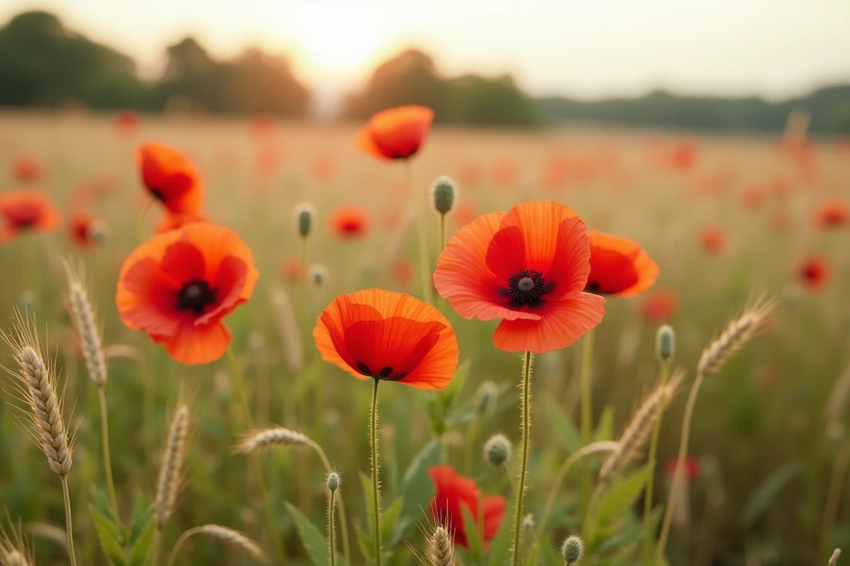 Champ de coquelicots rouges sauvages en pleine nature, symbole de liberté et de souvenir dans le langage des fleurs