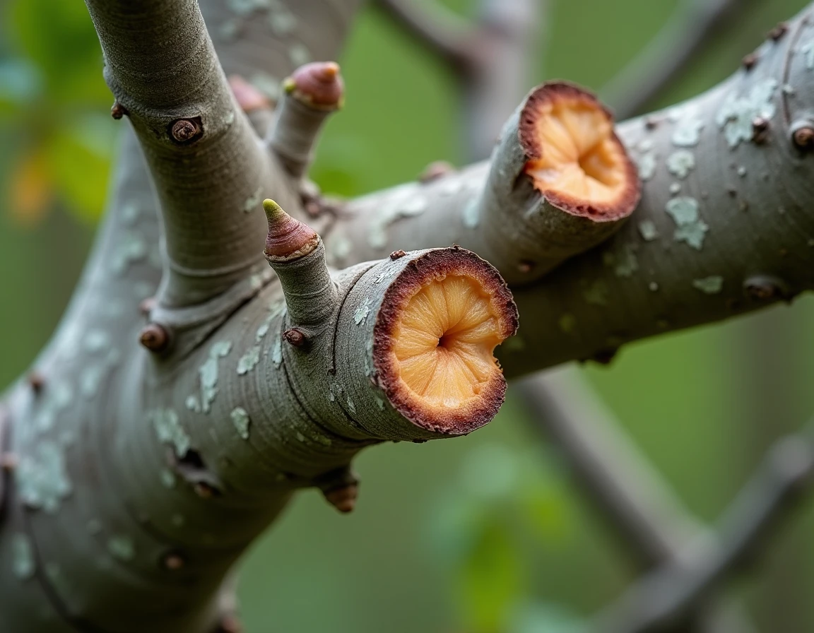 Gros plan sur des coupes nettes de taille d'un prunier avec des branches élagées et des bourgeons naissants