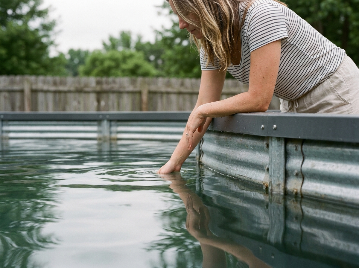 Détail des parois en acier galvanisé d'une piscine hors sol avec femme inspectant la qualité de l'eau