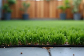 Gros plan sur une pelouse synthétique de qualité installée en jardin urbain avec détail des brins verts et de la bordure en béton