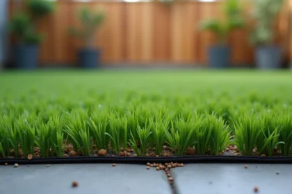 Gros plan sur une pelouse synthétique de qualité installée en jardin urbain avec détail des brins verts et de la bordure en béton