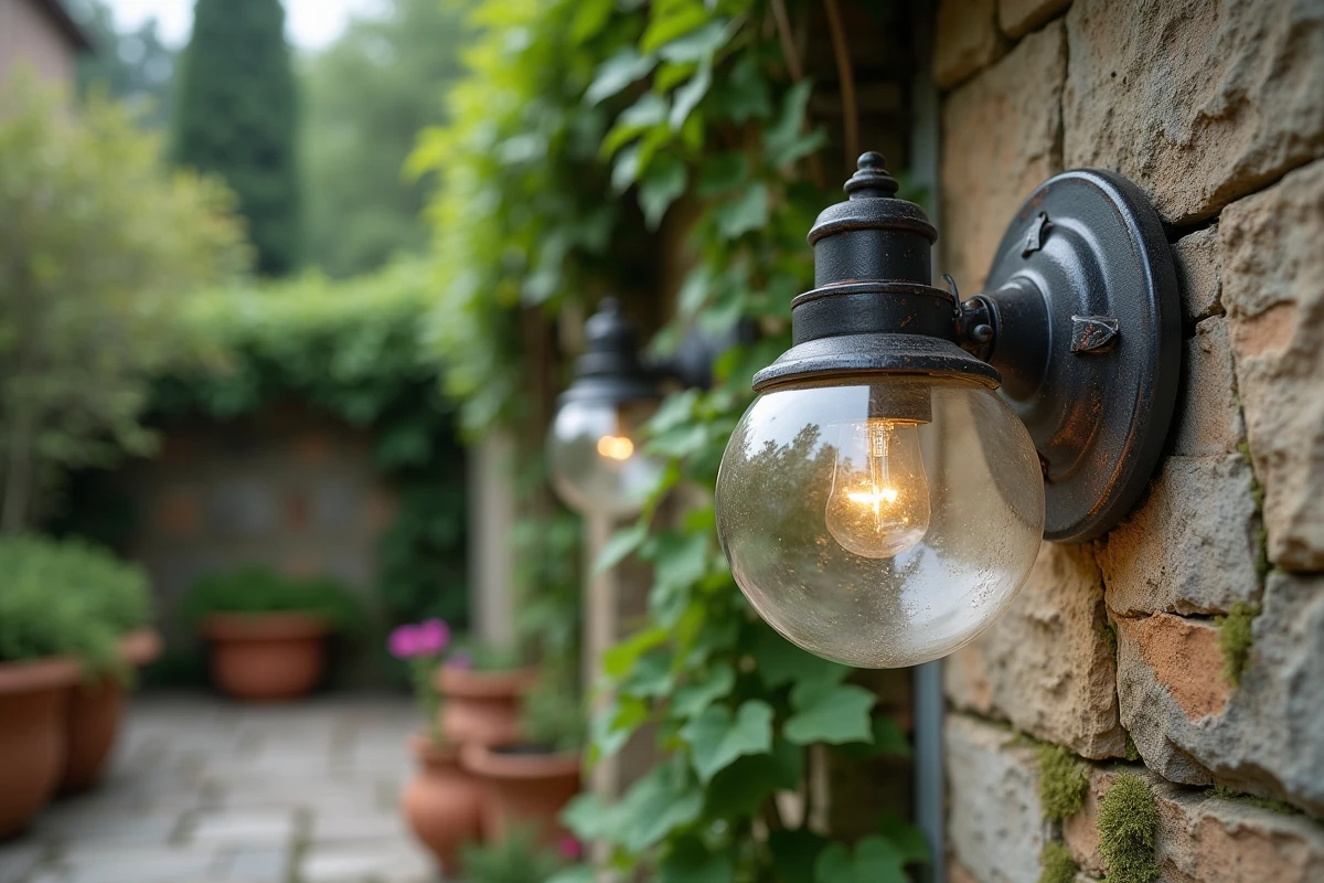 Comparaison de deux boules lumineuses extérieures sur un mur en pierre, l'une endommagée par l'humidité et l'autre correctement installée