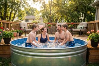 Famille avec enfants profitant d'une piscine hors sol en acier galvanisé dans un jardin de maison individuelle