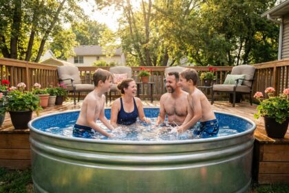 Famille avec enfants profitant d'une piscine hors sol en acier galvanisé dans un jardin de maison individuelle