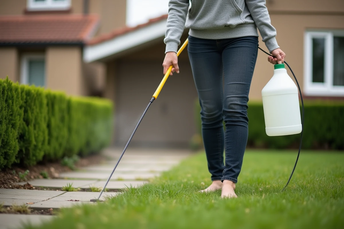 Femme appliquant un désherbant sélectif sur une pelouse envahie par les mauvaises herbes dans un jardin résidentiel