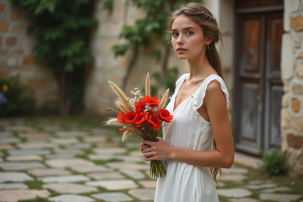 Femme tenant un bouquet de coquelicots rouges, symbolisant la passion et le souvenir dans le langage des fleurs