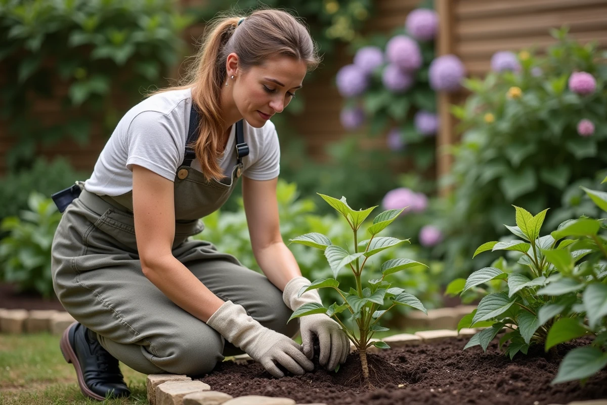 Femme jardinant dans un petit jardin avec massif surélevé et plantes à fleurs