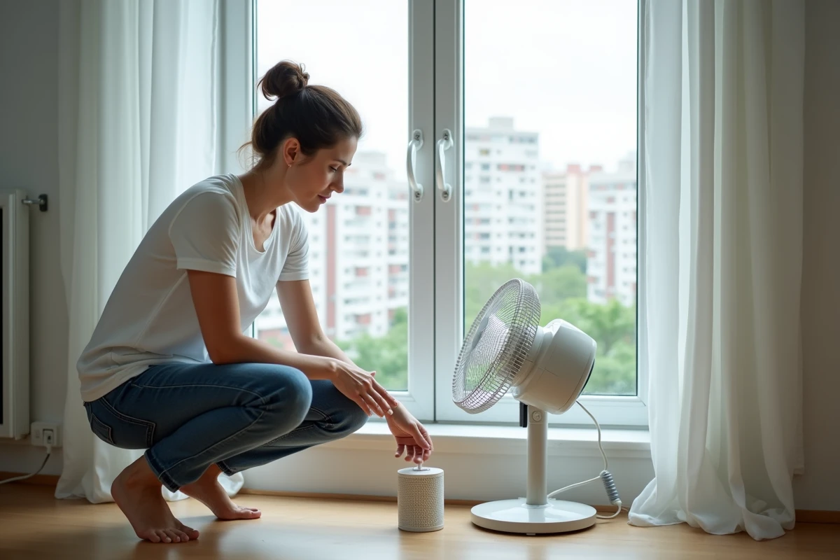 Femme plaçant un piège à moustiques près d'une fenêtre ouverte dans un appartement moderne, illustrant une erreur courante d'emplacement