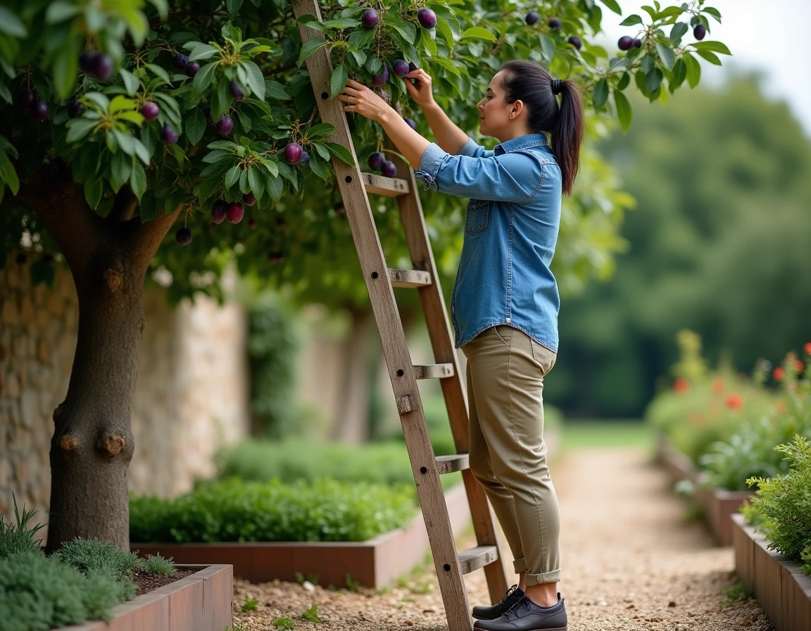 Femme taillant un prunier chargé de prunes violettes depuis une échelle dans un potager traditionnel français