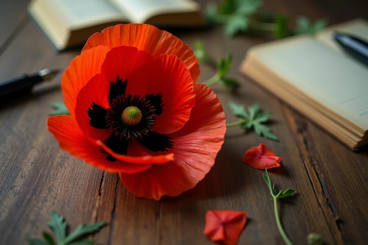 Gros plan d'un coquelicot rouge posé sur une table en bois, détail des pétales et étamines pour illustrer la symbolique florale
