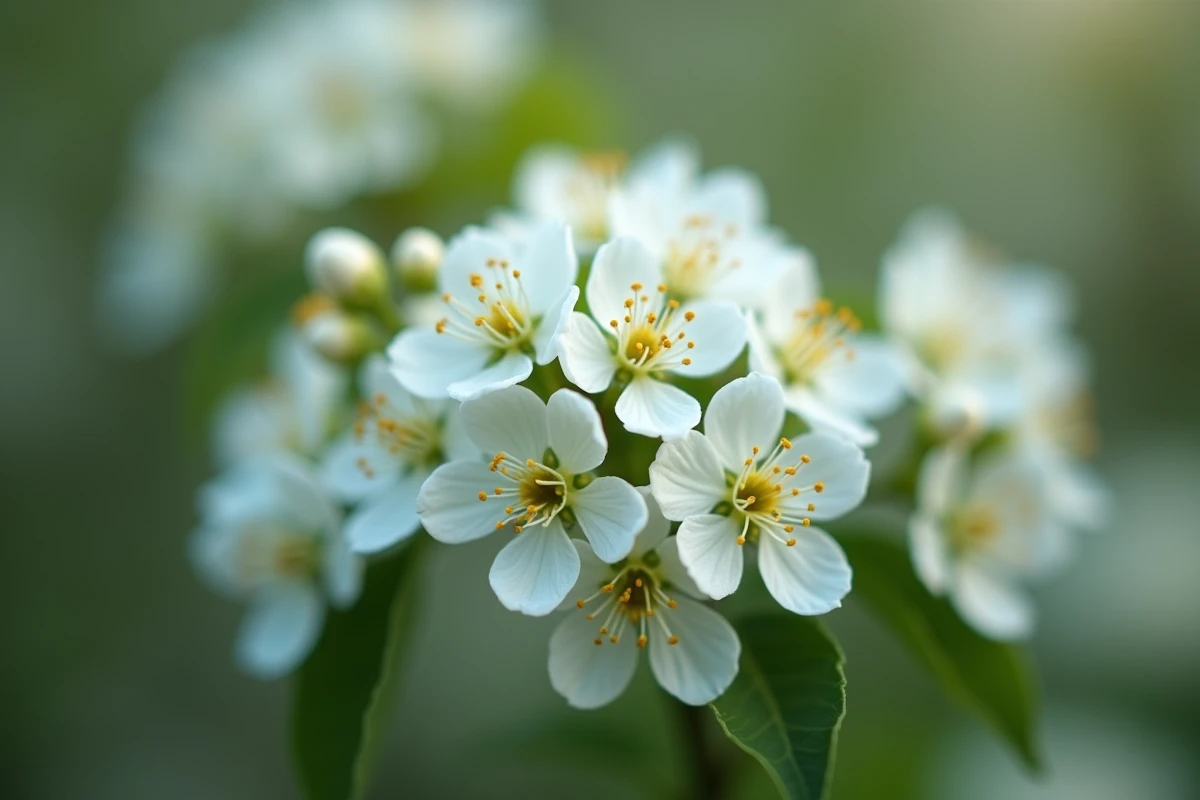 Gros plan sur des fleurs blanches d'arbuste printanier avec bourgeons et étamines visibles