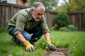 Homme en train d'inspecter des mauvaises herbes dans une pelouse clairsemée avant application d'un désherbant sélectif gazon