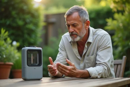 Homme examinant un piège à moustiques électrique posé sur une table de jardin en bois, avec un jardin verdoyant en arrière-plan flou