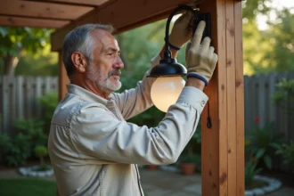 Homme installant une boule lumineuse extérieure sur une pergola en bois dans un jardin résidentiel