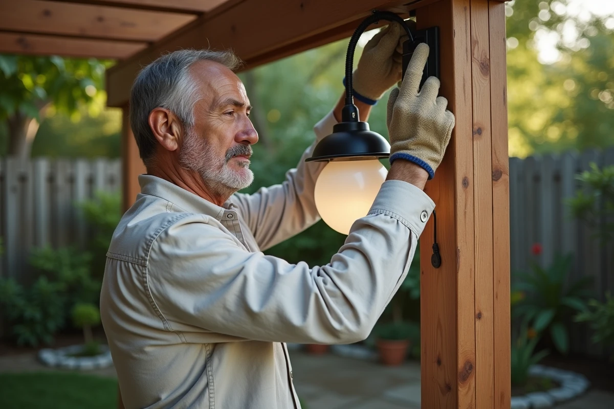 Homme installant une boule lumineuse extérieure sur une pergola en bois dans un jardin résidentiel