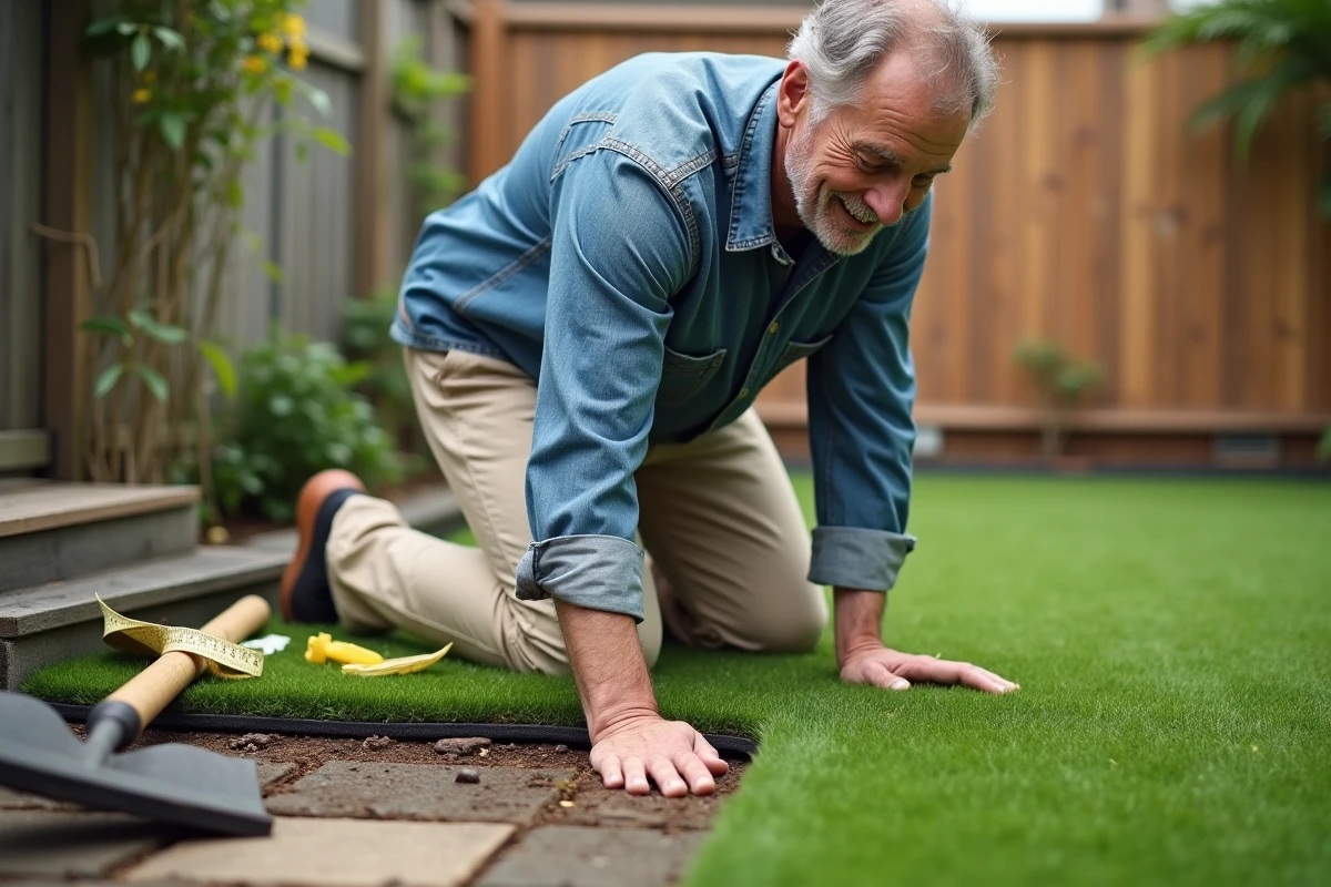 Homme posant une pelouse synthétique dans un jardin pavillonnaire lors d'une installation DIY soignée