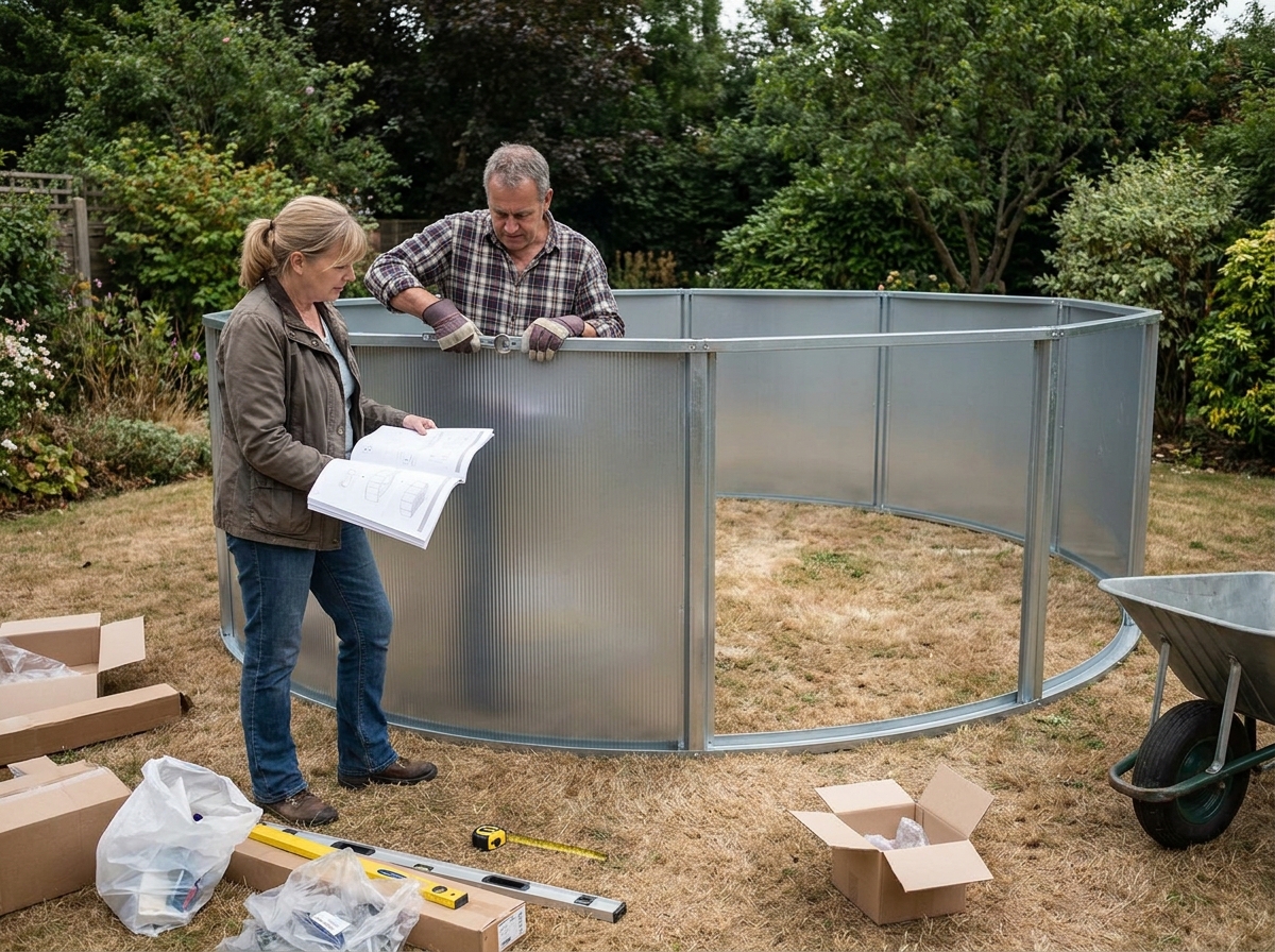 Couple assemblant une piscine hors sol en acier dans leur jardin résidentiel avec structure en cours de montage