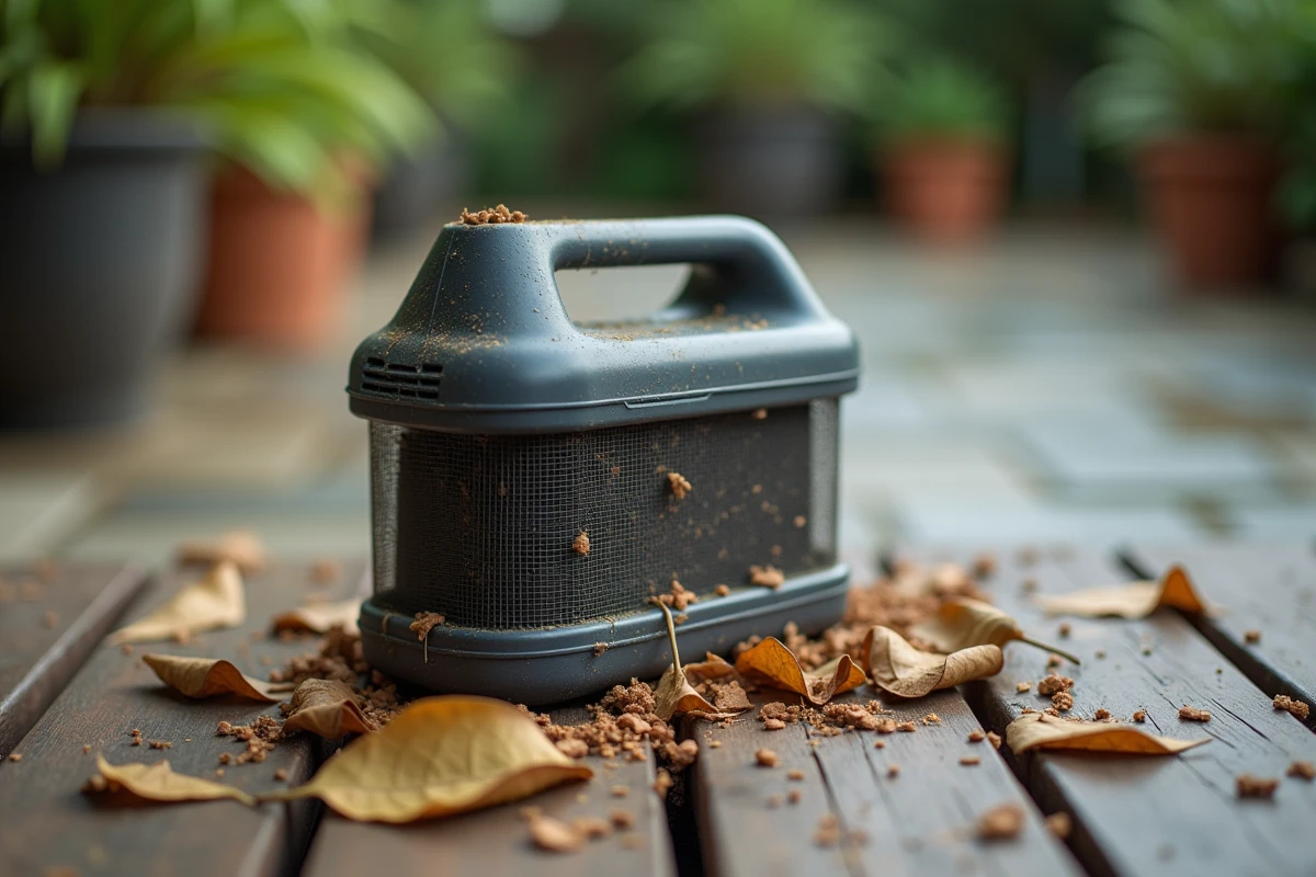 Piège à moustiques portatif encombré de feuilles mortes et de débris bouchant ses grilles d'aération sur une terrasse en bois, symbolisant un manque d'entretien