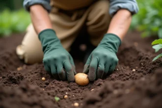 Femme jardinière plantant des pommes de terre dans un sillon de terre meuble au potager