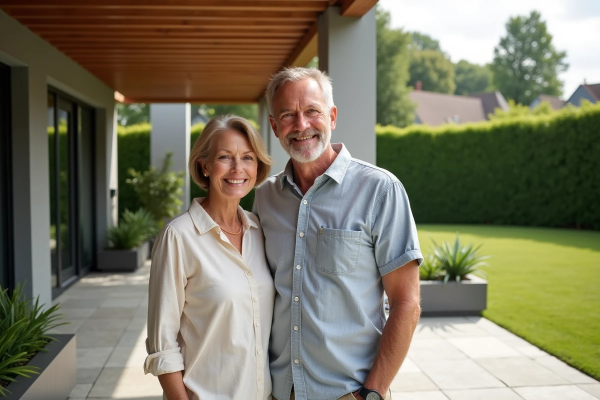 Couple de propriétaires satisfaits devant leur terrasse extérieure luxueuse entièrement aménagée avec pergola et pavage en pierre naturelle