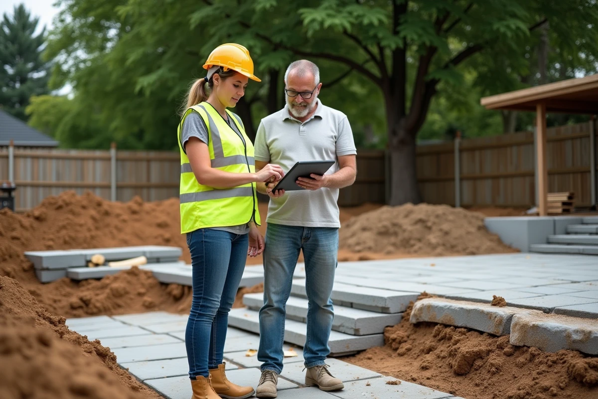 Équipe de chantier comparant la modélisation 3D avec l'avancement des travaux d'aménagement extérieur
