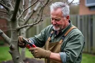 Jardinier expérimenté taillant un prunier en début de printemps avec un sécateur dans un jardin résidentiel