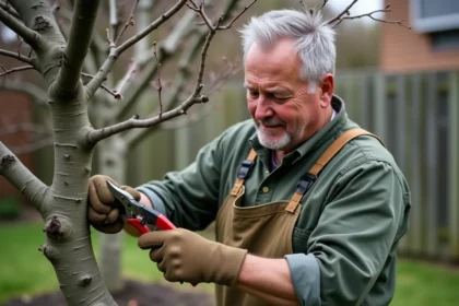 Jardinier expérimenté taillant un prunier en début de printemps avec un sécateur dans un jardin résidentiel