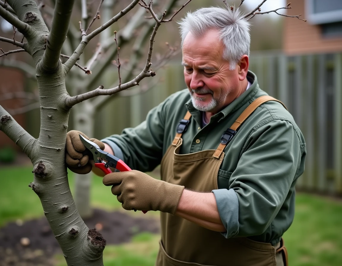Jardinier expérimenté taillant un prunier en début de printemps avec un sécateur dans un jardin résidentiel