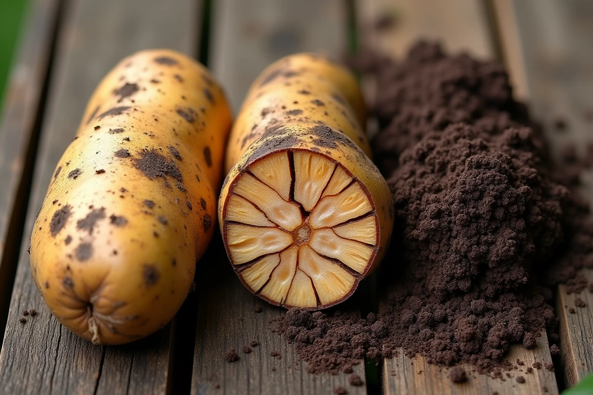 Gros plan sur une pomme de terre avec sol sec fissuré et terre humide illustrant l'importance de l'arrosage
