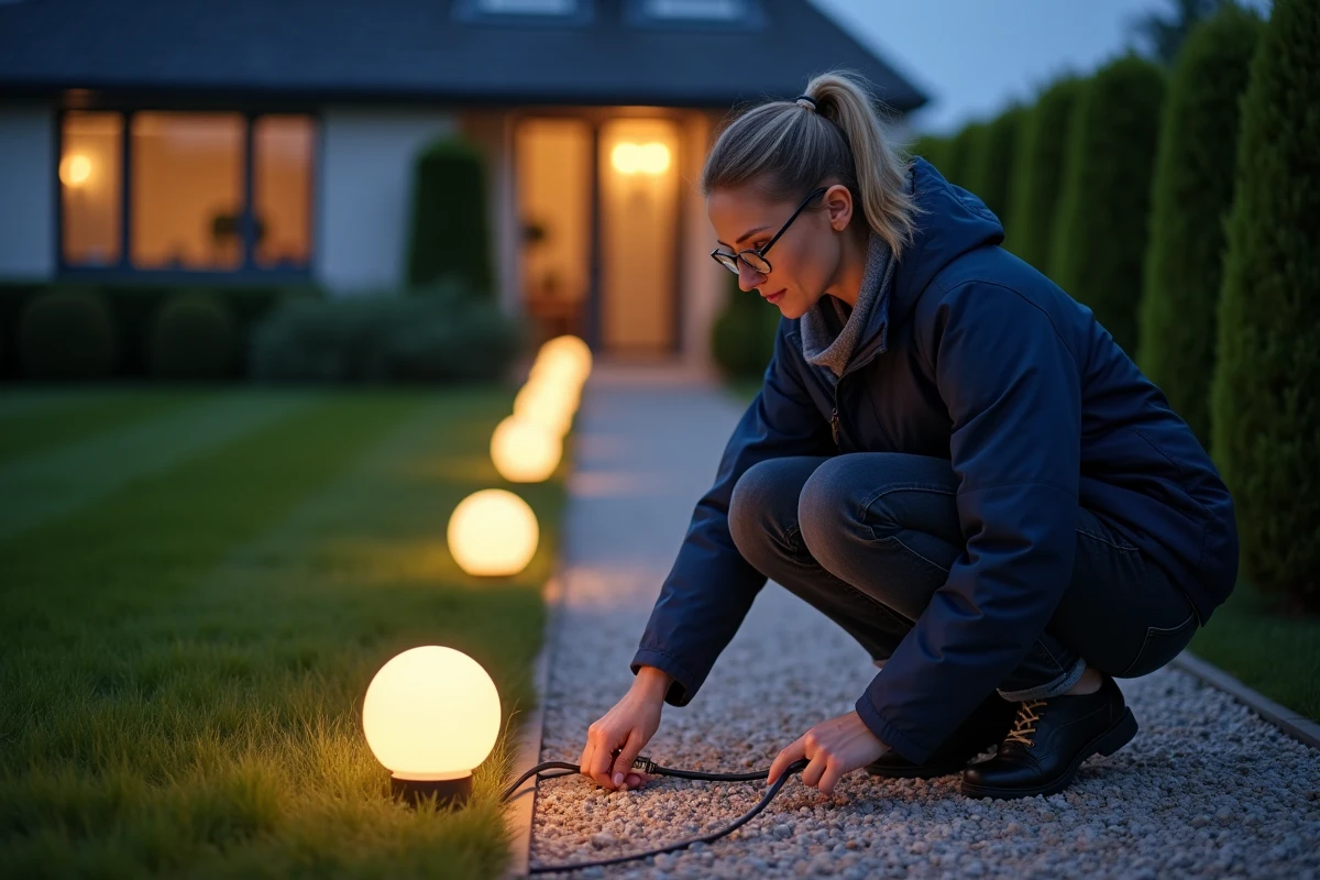 Femme vérifiant le câblage d'une boule lumineuse de jardin sur un chemin extérieur pavé