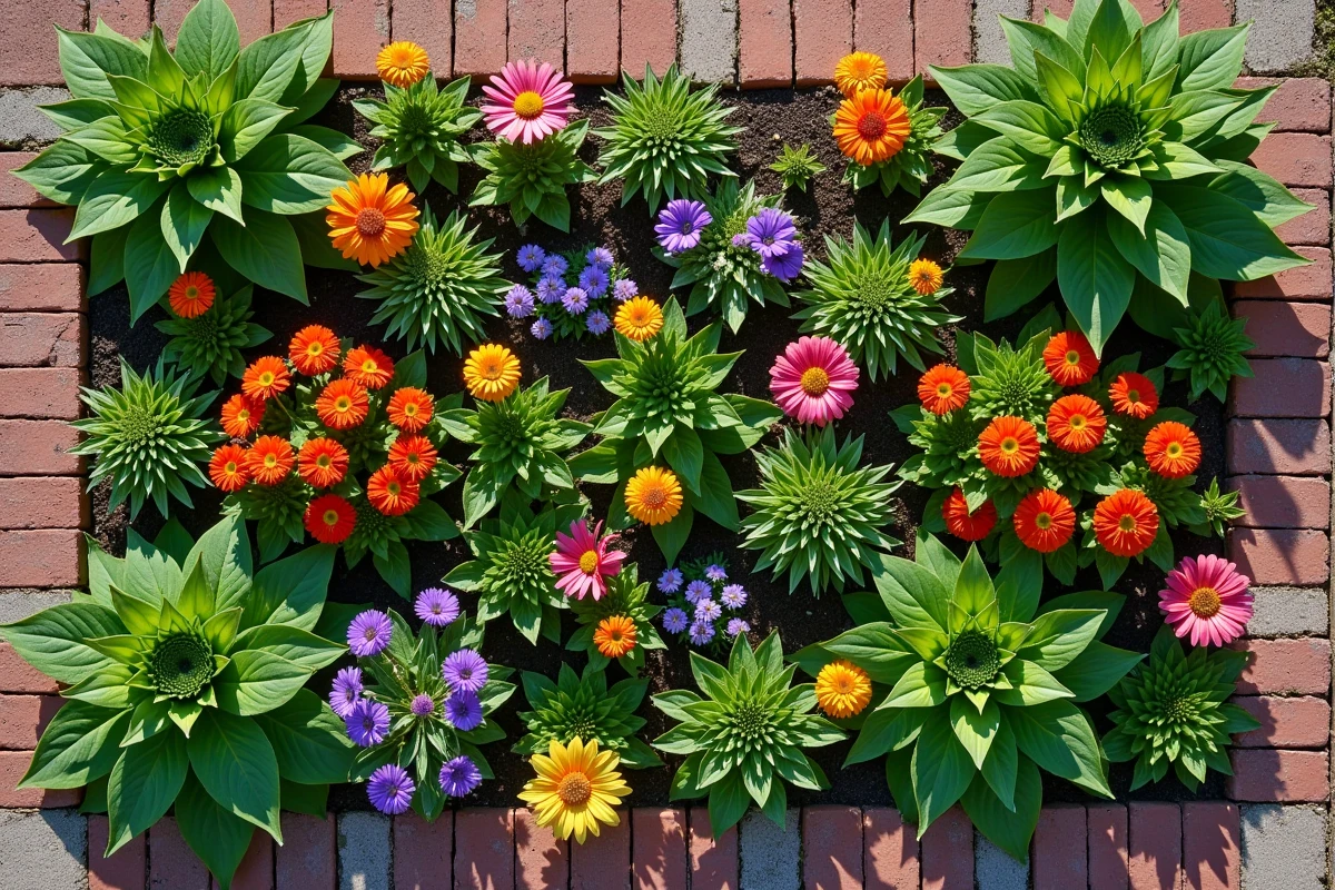 Vue aérienne d'un carré de jardin fleuri avec plantes vivaces et annuelles variées
