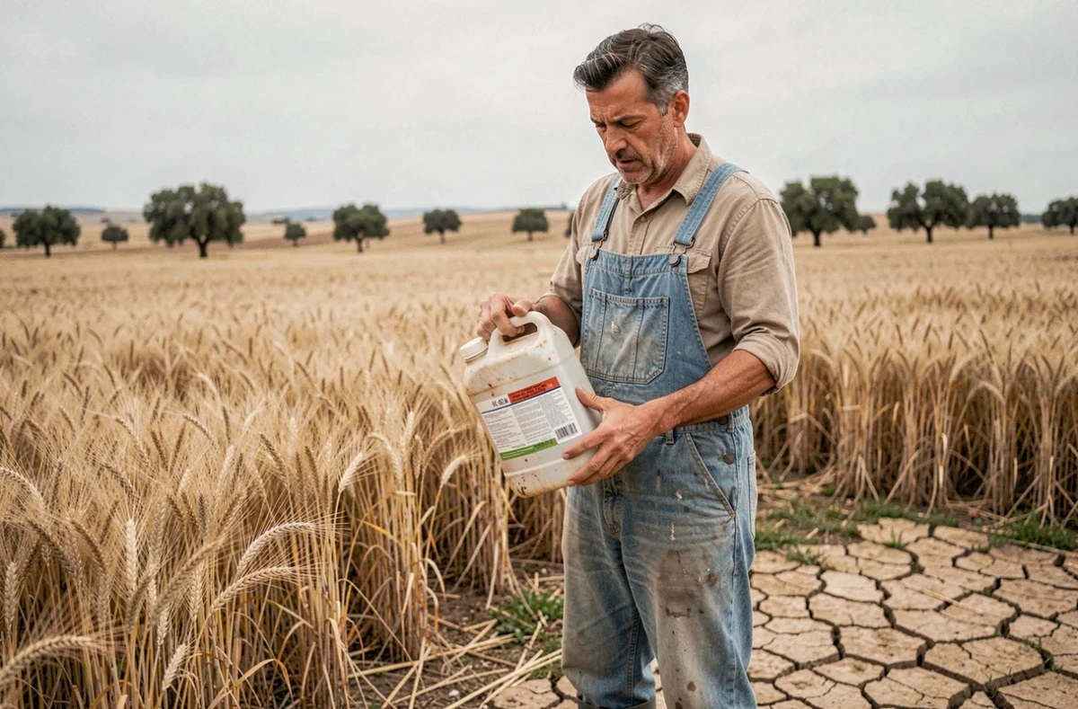 Agriculteur espagnol tenant un conteneur de Roundup Ultra Plus dans un champ de blé de la plaine castillane