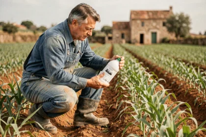 Agriculteur portugais lisant l'étiquette d'une bouteille de glyphosate 360 dans un champ de cultures