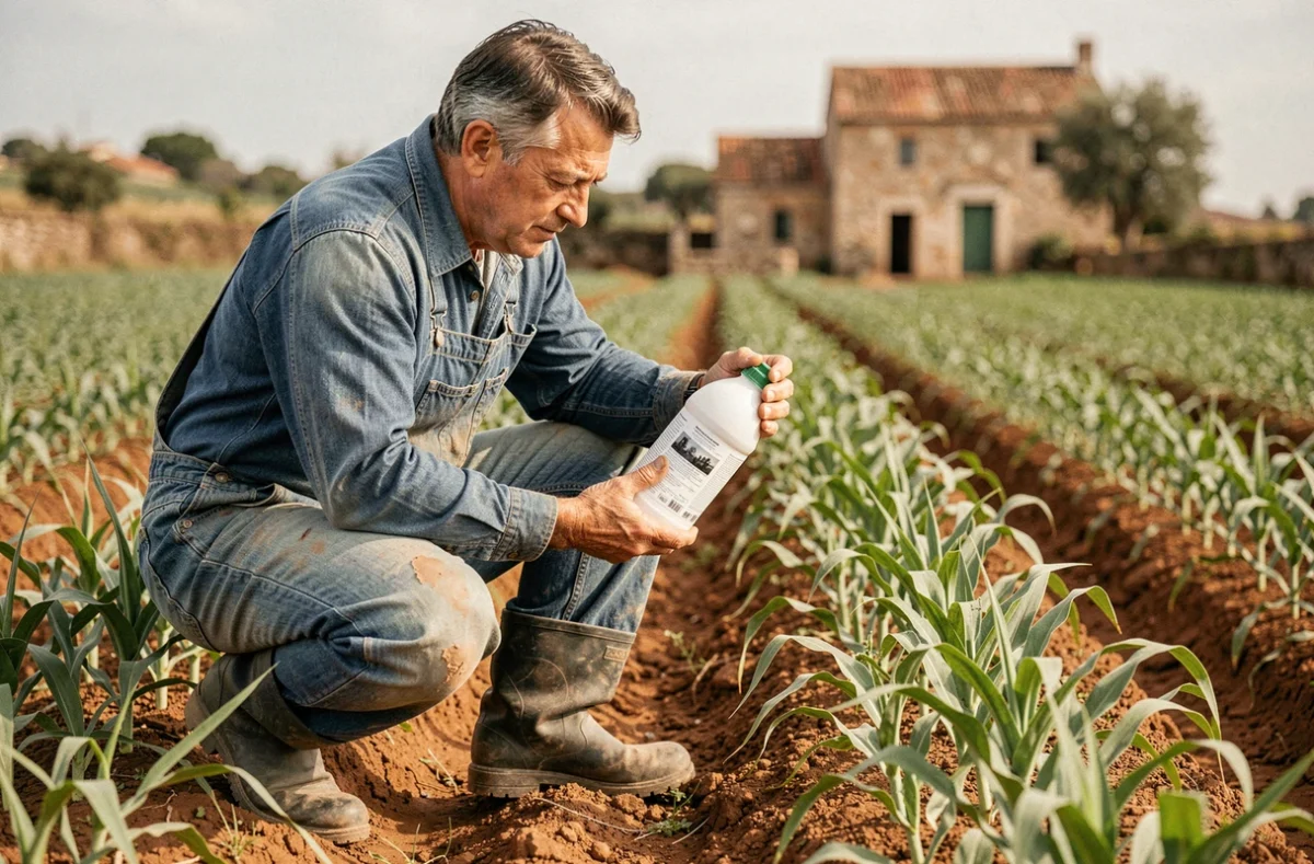 Agriculteur portugais lisant l'étiquette d'une bouteille de glyphosate 360 dans un champ de cultures