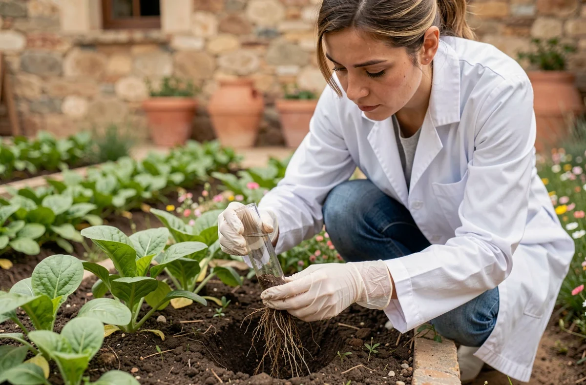 Agronome prélevant un échantillon de sol dans une parcelle agricole biologique en Espagne pour évaluer les alternatives aux herbicides chimiques