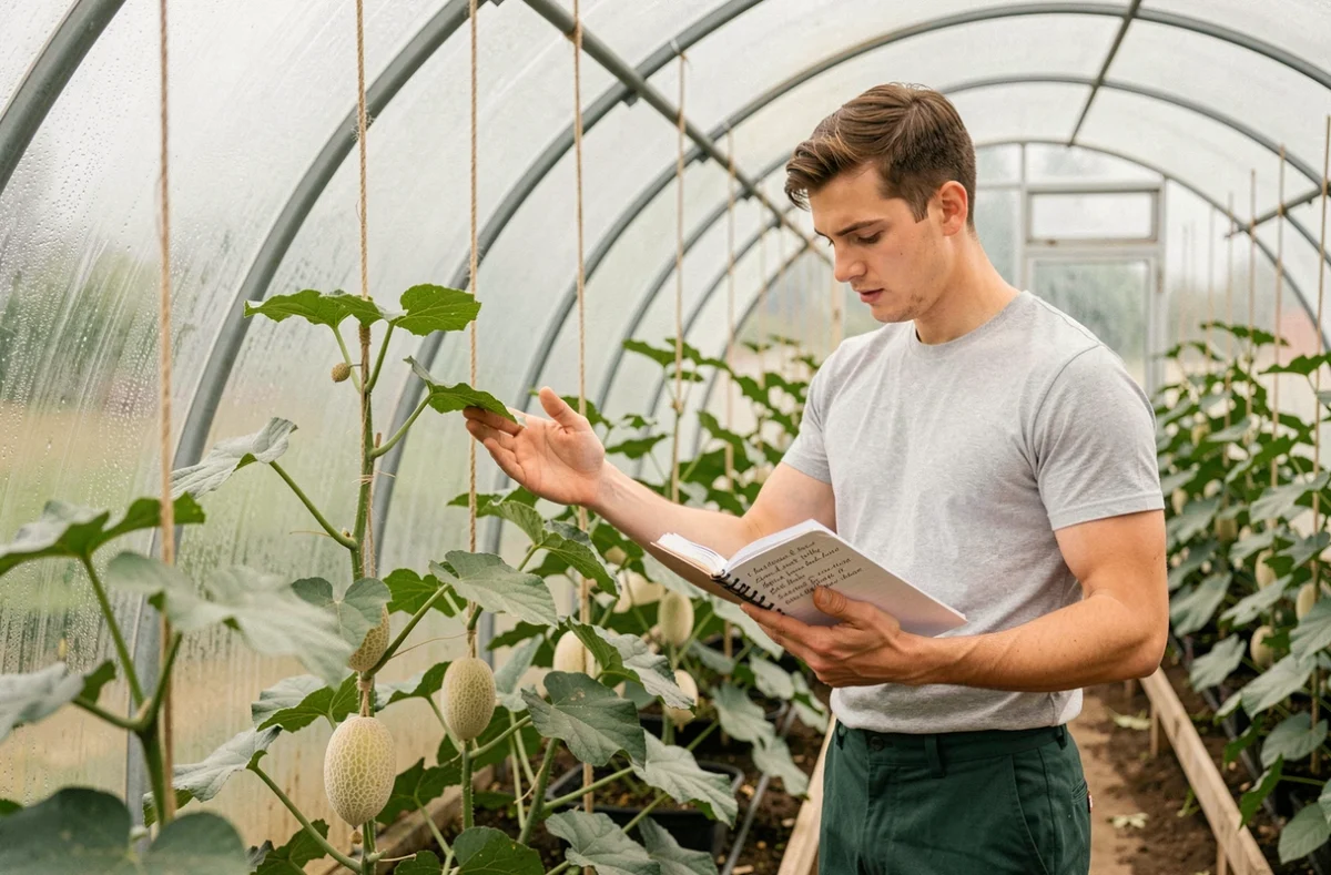 Jeune apprenti maraîcher consultant un carnet de culture devant des plants de melons charentais palissés sous serre tunnel pour optimiser la nouaison