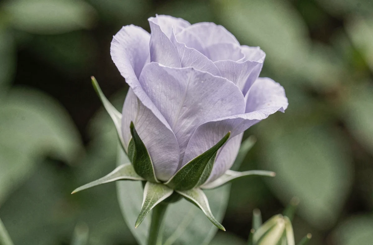 Gros plan sur un bouton de lisianthus en train de s'ouvrir aux pétales lavande délicatement froissés