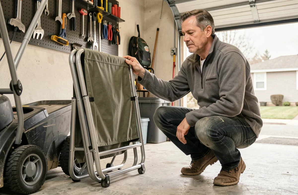 Homme inspectant une brouette pliante repliée et rangée dans un petit garage entre des outils de jardinage