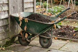 Brouette volume en métal verte appuyée contre un abri de jardin en bois, chargée de terre, dans un jardin potager en automne