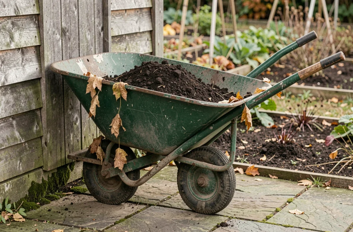 Brouette volume en métal verte appuyée contre un abri de jardin en bois, chargée de terre, dans un jardin potager en automne
