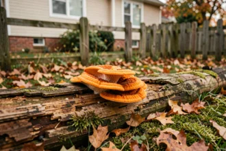 Champignon orange vif poussant sur un vieux tronc mort près d'une clôture en bois dans un jardin en automne
