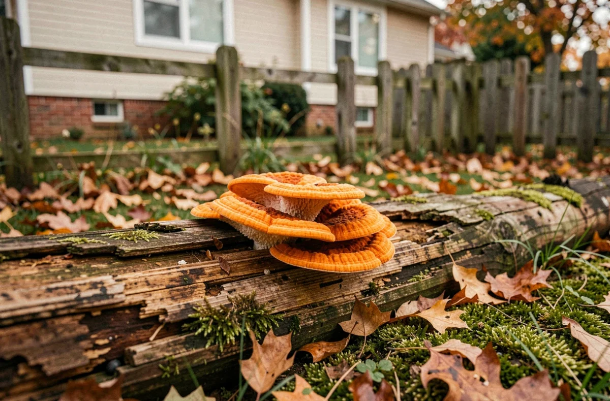 Champignon orange vif poussant sur un vieux tronc mort près d'une clôture en bois dans un jardin en automne